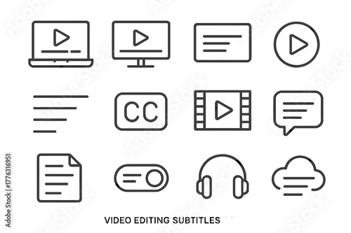 Video Editing Icons. Video editing subtitles. Line outline icon set of video editing subtitles: laptop,