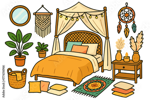 Boho Bedroom Elements. Boho Bedroom. Colorful Hand-drawn doodle Children illustration Boho Bedroom canopy bed, woven headboard, linen duvet, macrame wall art,