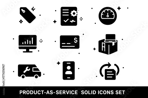 Product Service Icons. Product-as-a-service. Solid icons set of product-as-a-service: subscription tag, service contract, smart meter, usage analytics,