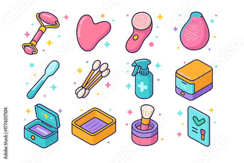 Colorful Skincare Icons Set. Clean skincare tools. Colorful isometric vector icons set of Clean skincare tools: facial roller, gua sha stone, cleansing brush,