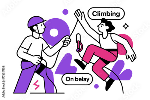 Dynamic Climbing Duo. Belay & Clip Under Pressure. Belayer feeds rope, device hums; above, a climber reaches past a quickdraw with laser focus. ?On belay /