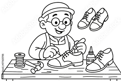 Friendly Cobbler Coloring Page. Shoe maker children?s coloring book illustration, outlined drawing, friendly