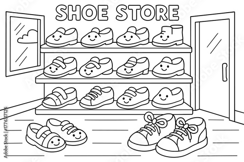 Smiling Shoes Coloring Page. Shoe store children?s coloring book illustration, outlined drawing, cartoon shop