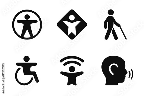 Assistive Technology Icon. Audience Accessibility. Set Logo of Assistive Technology Icon: Filled silhouette, Abstract geometric, Negative space, Symmetrical