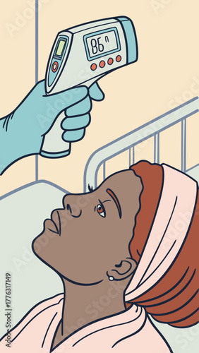 Nurse using thermometer gun to check patient’s temperature in hospital  