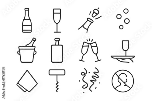Celebration Icons Set. Champagne and Toasts. Line icon set of Champagne and Toasts: champagne bottle, flute glass, popping cork, bubbles, ice bucket, chiller