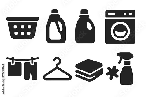 Laundry Icons Set. Laundry day essentials. Filled icon set of laundry day essentials: basket, detergent,