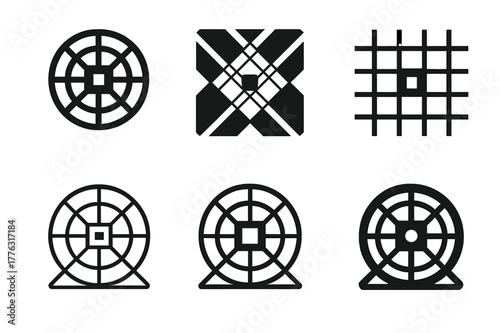 K-Space Logo Variations. MRI machine. Set Logo of MRI machine: k-space grid with center highlight. Icon set. harmonious logo variations of the same emblematic
