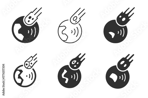 Asteroid Impact Logos. Asteroids and meteor impacts on Earth. Set Logo of asteroids and meteor impacts on Earth: near-Earth object tracking radar. Icon set.