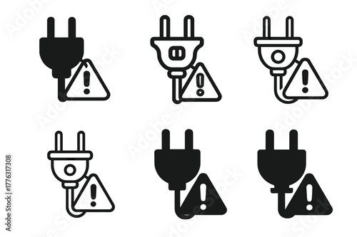 Extension Cord Logo Variants. Extension cord safety. Set Logo of Extension cord safety: grounded plug with warning tag. harmonious logo variations of the same