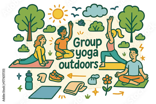 Outdoor Yoga Doodle. Group yoga outdoors. Hand-drawn doodle illustration of group yoga outdoors. Yoga mats,