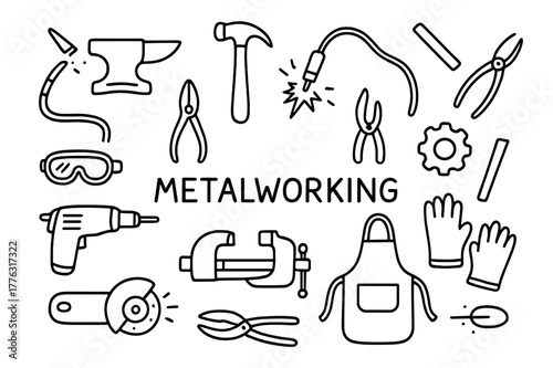 Metalwork Tools Doodle. Metalworking. Hand-drawn doodle illustration metalworking anvil, hammer, sparks, welding torch, tongs, steel rod, gear, vise, gloves,