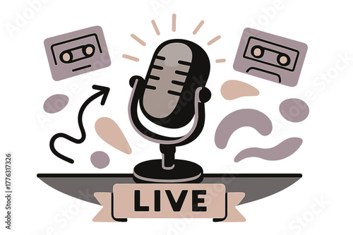 Vintage Radio Vibes. Radio Studio Desk ? Vintage Mic. A classic broadcast mic tilts forward with a halo of lines; cassette icons float like memories. Label