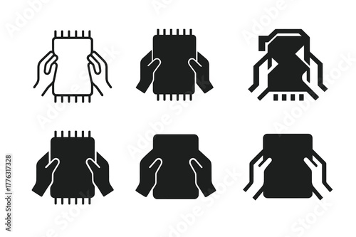 Rug Straightening Logos Grid. Straightening a rug. Set Logo of straightening a rug: hands adjusting carpet edges. Icon set. harmonious logo variations of the