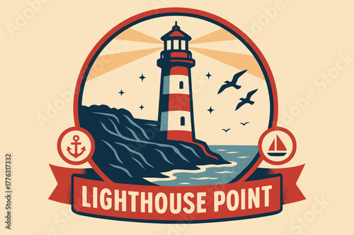 Lighthouse Retro Poster. Lighthouse Point ? Retro Poster; lettering: bold rounded; composition: ribboned seal with side icons; effects: halftone rim + gentle