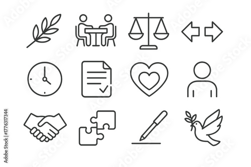 Conflict Resolution Icons. Conflict resolution. Line icon set of conflict resolution: olive branch, mediation table, balance scale, compromise arrows, timeout