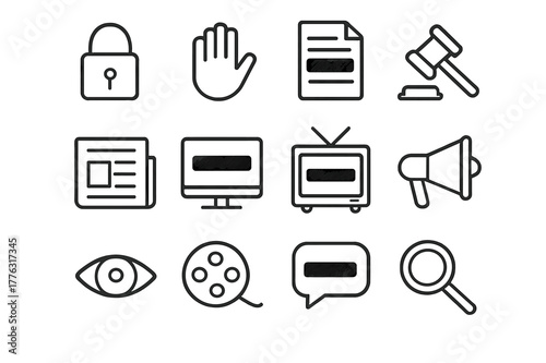 Censorship Icon Set. Censorship enforcement. Line outline icon set of censorship enforcement: lock, hand stop