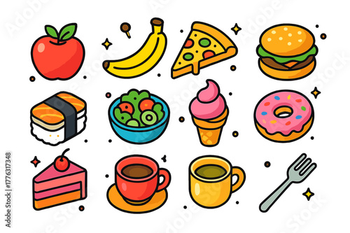 Colorful Isometric Food Icons. food. Colorful isometric vector icons set of food: apple, banana, pizza, hamburger, sushi, salad, ice cream, donut, cake,