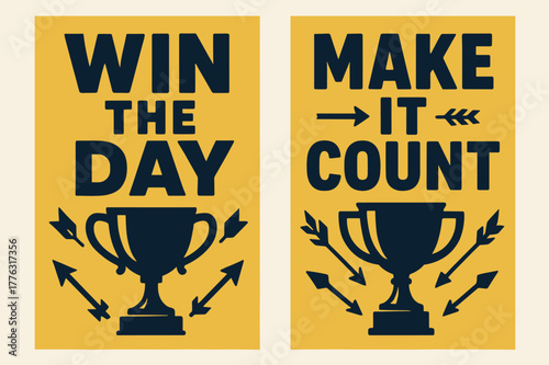Motivational Victory Banners. Win the day. Two vertical A6 banners with safe margins, centered composition, no elements touching edges, bold, navy and gold,