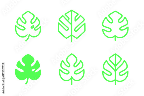 Glowing Plant Logos. Synthetic plants that glow in the dark. Set Logo of Synthetic plants that glow in the dark: UV-reactive monstera leaf. Icon set.