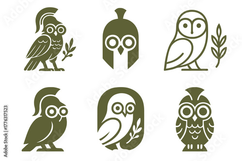 Mystical Deity Icons. Ancient gods and goddesses in a mystical landscape. Set Logo of Ancient gods and goddesses in a mystical landscape: Athena owl. Icon set.