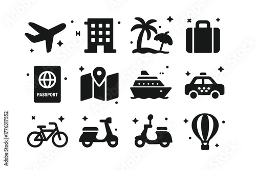 Travel Icon Set. Travel and Vacation. Solid icons set of travel and vacation: airplane, hotel, beach, palm tree, suitcase, passport, map, cruise ship, taxi,