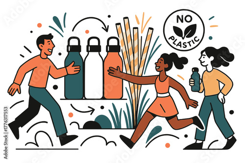 Eco-Friendly Essentials. Reusable bottles & eco straws. A lineup of colorful bottles clicks into place; paper straws bloom like reeds. ?No plastic? badge pops