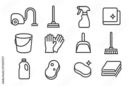 Home Cleaning Icons. Home cleaning. Line icon set of home cleaning: vacuum cleaner, mop, spray bottle, cleaning cloth, bucket, gloves, dustpan,