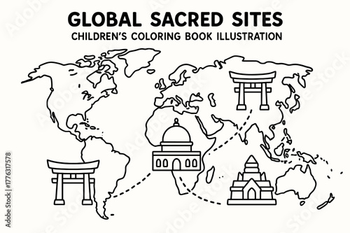 Sacred Sites Coloring Map. Global sacred sites children?s coloring book illustration, outlined drawing, a simple world map with tiny landmark icons like a