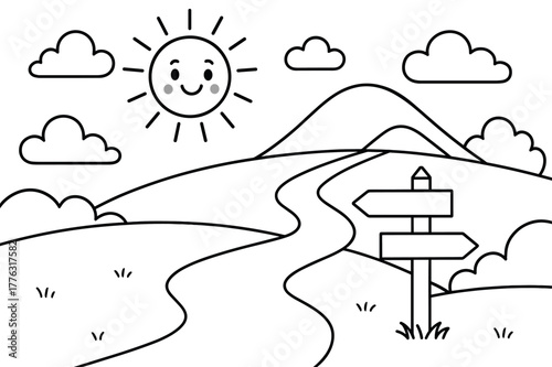 Spiritual Path Coloring Page. Pilgrimages and spiritual travel children?s coloring book illustration, outlined drawing, a friendly path winding toward a