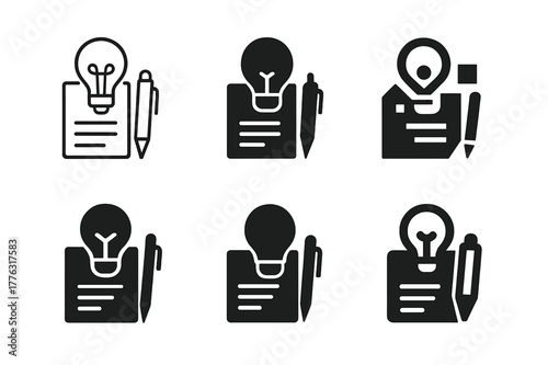 Patent Consultation Logos. Lawyers and clients discussing intellectual property cases. Set Logo of patent consultation: lightbulb over document and pen. Icon