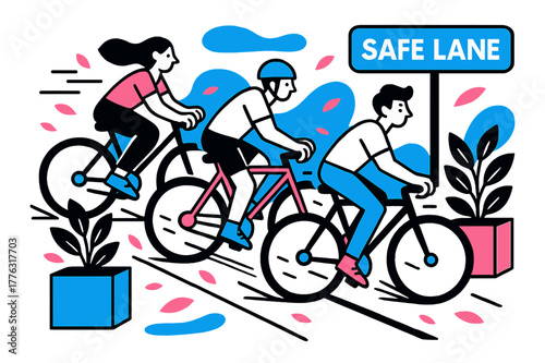 Colorful Bike Lane Design. Green infrastructure ? Protected bike lanes with planters. Riders glide between box planters; petals and speed lines scatter like