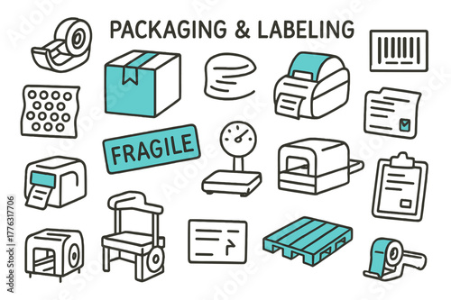 Packaging Essentials Doodles. // Packaging & labeling. Hand-drawn doodle illustration Packaging & labeling [carton box (accented), tape dispenser, label