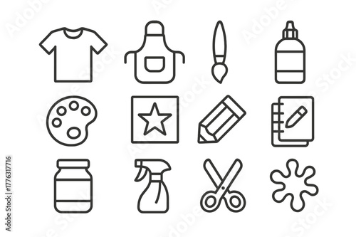 Custom Apparel Icons. Custom apparel studio. Line outline icon set of custom apparel studio: t-shirt, apron,