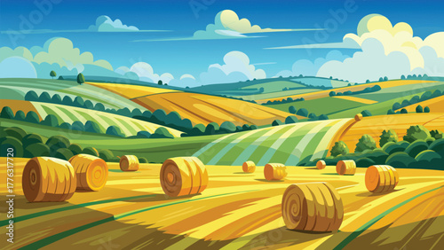 Summer Hay Bales in English Countryside Vector Art