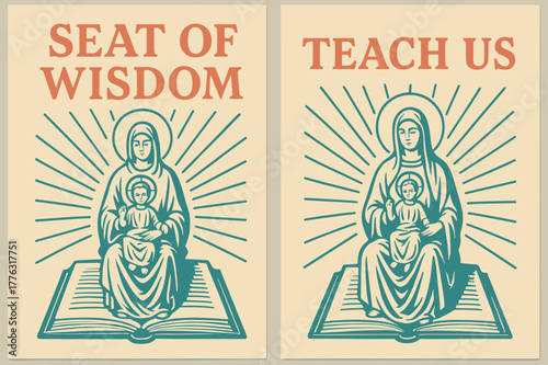 Seat of Wisdom Banners. Seat of Wisdom. Two vertical A6 banners with safe margins, centered composition, no elements touching edges, retro, coral and teal,