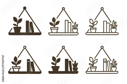 DIY Decor Logos. DIY home decor projects and tutorials. Set Logo of hanging shelf: wall shelf with plants and books. Icon set. harmonious logo variations of
