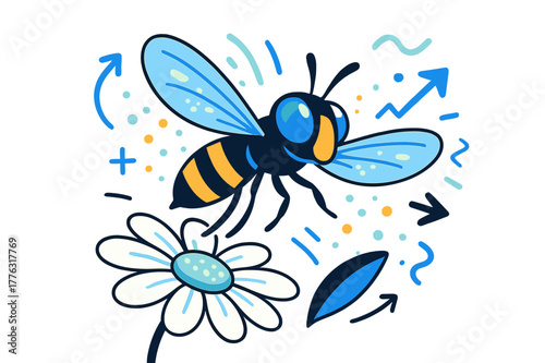 Hoverfly Near Daisy. Hoverfly in motion. A sleek hoverfly buzzing near a daisy, glowing pollen grains floating