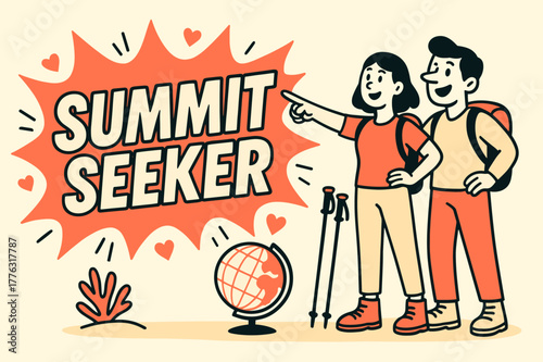 Summit Seeker Adventure. Summit seeker banner, flat vector illustration, bold oversized text inside splash explosion, cartoon characters standing and pointing,