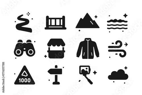 Iconic Overlook Experience. Mountain and sea overlook ride. Solid icons set of Mountain and sea overlook ride: switchback road, overlook railing, mountain