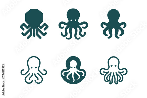 Octopus Logo Grid. Aquatic life and underwater creatures. Set Logo of octopus with eight arms: Abstract geometric, Iconic shape, Flat solid, Minimal outline,