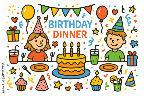 Festive Birthday Celebration. Birthday dinner. Colorful Hand-drawn doodle Children illustration Birthday dinner cake, candles, balloons, confetti, plates,
