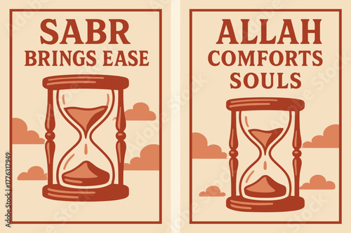 Sabr and Comfort Banners. Patience & Sabr. Two vertical A6 banners with safe margins, centered composition, no elements touching edges, retro, red and beige,