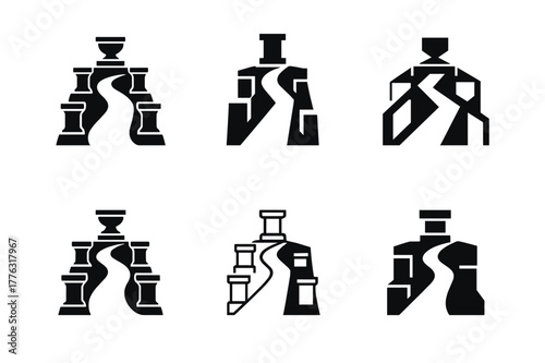 Sculpture Garden Logos. Sculpture gardens. Set Logo of Sculpture gardens: pathway with pedestal series. Icon set. harmonious logo variations of the same