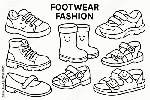 Children's Shoe Coloring. Footwear fashion children?s coloring book illustration, outlined drawing, cheerful