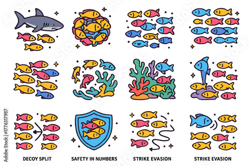 Predator-Prey Dynamics Icons. Predator?prey dynamics in schools. Colorful isometric vector icons set of Predator?prey dynamics in schools: predator shadow,