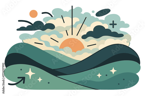 Serene Sunrise Splendor. Rolling hills. Sunrise over rolling hills with abstract floating mist, rays, and sparkles; emphasizes peaceful morning, nature, and