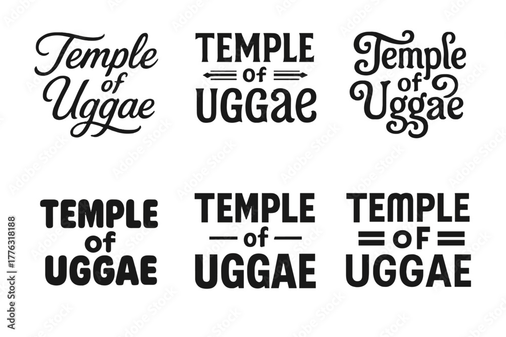 Obraz premium Temple Lettering Variations. Temple of Uggae. Set lettering. harmonious lettering variations of the same emblematic concept, each with different artistic