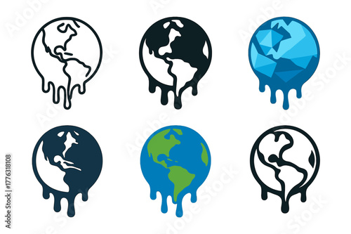 Melting Globe Logos. Climate change effects. Set Logo of Climate change effects: melting ice globe with dripping continents. Icon set. harmonious