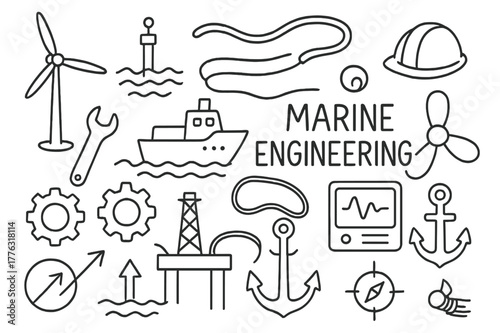 Marine Engineering Doodles. Marine engineering. Hand-drawn doodle illustration marine engineering blueprint, turbine, wave buoy, anchor, gear, wrench, ship,